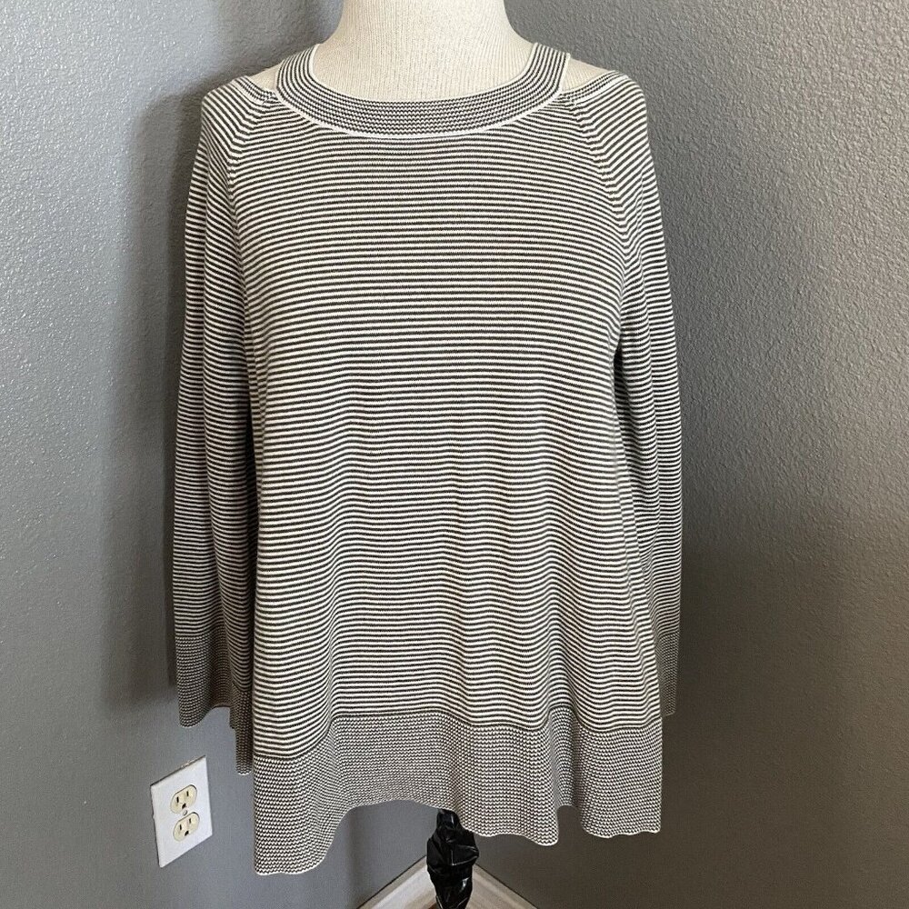 Loft Sweater Womens Size Medium Striped Long Sleeve Olive Green White Stretchy